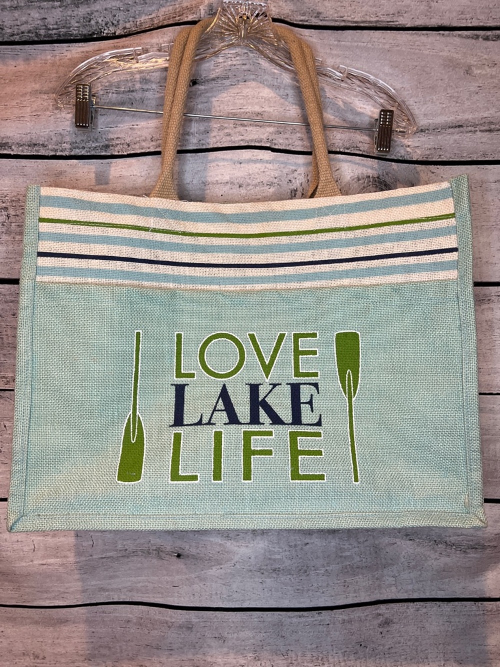The Royal Standard "Love Lake Life" Light Blue Teal Tote Bag Jute Beach Pool